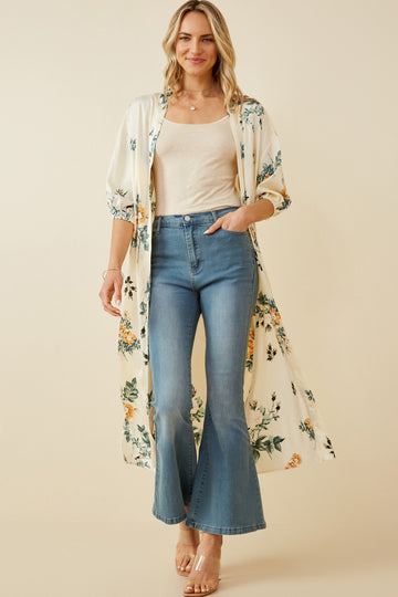 HY6933 Cream Womens Satin Floral Open Duster Front